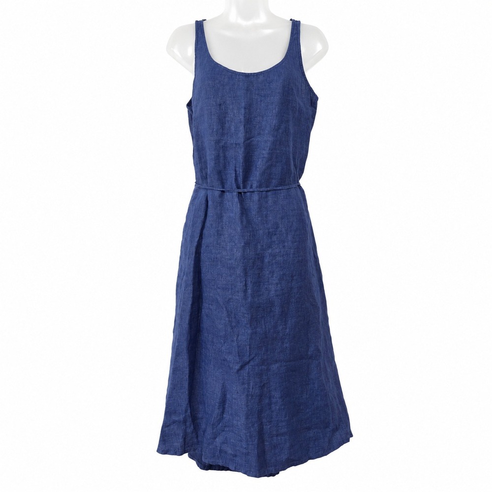 Eileen Fisher Dress M Blue Linen Sleeveless Tie Waist Midi Minimalist Coastal